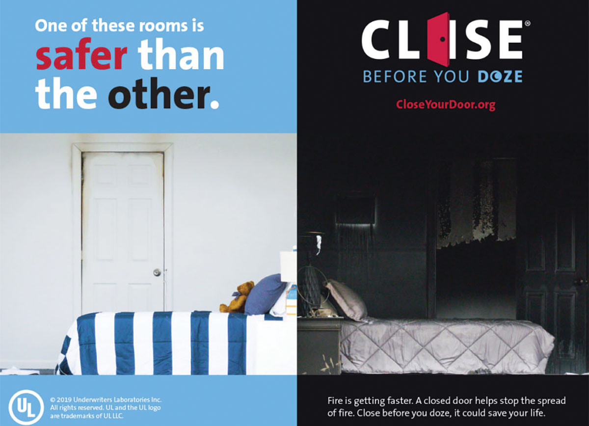 side by side view bedrooms affected by a home fire, one with a closed door and minimal damage the other with an open door and substantial damage